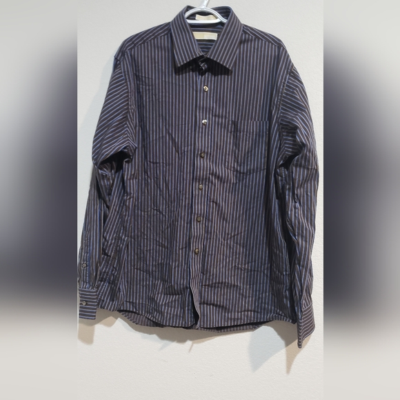Michael Kors men's size 17 36/37 long sleeve blue striped button front shirt. - Picture 2 of 9